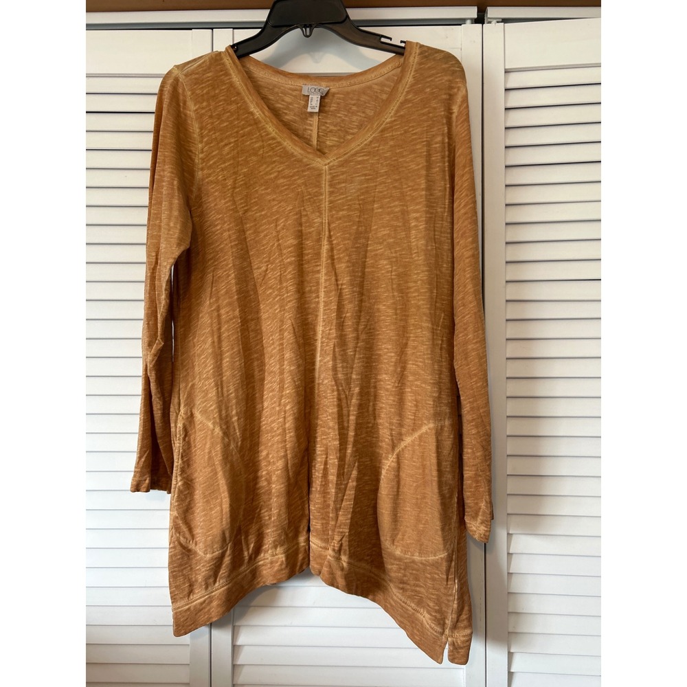 LOGO by Lori Goldstein V Neck Long Sleeve Tunic Top Amber Orange Cotton‎ M